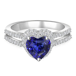 Natural Earth Mined Diamond Halo Heart Cut Sapphire Ring Double Shank 3.50 Carats