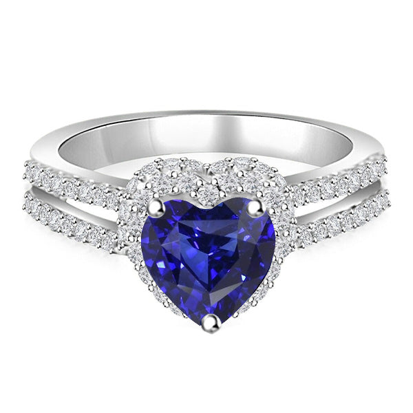 Diamond  Sparkling Unique Lady’s  Halo Heart Cut Sapphire Ring Double Shank