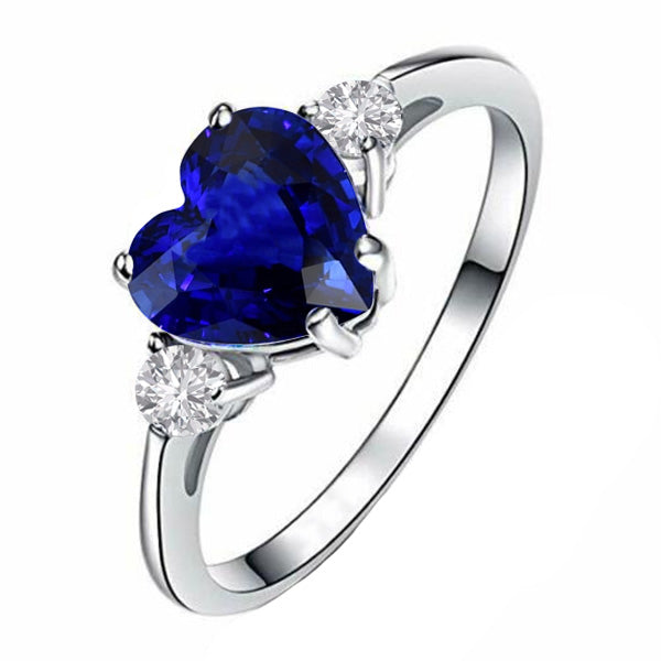 Anniversary  Sparkling Unique Lady’s  Three Stone Heart Blue Sapphire & Diamond Ring
