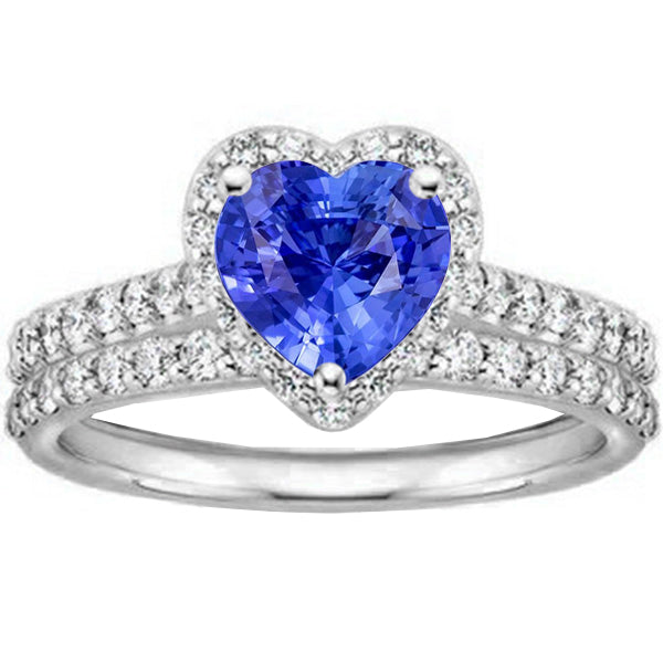 White Gold   Sparkling Unique Lady’s  Halo Wedding Ring Heart Sapphire Double Shank