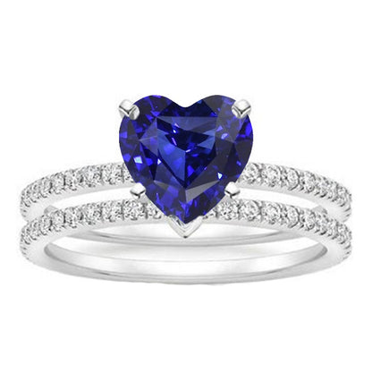 Sparkling Unique Lady’s  Diamond Heart Blue Sapphire Wedding Ring Set