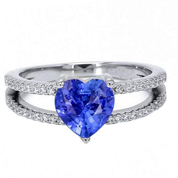 Heart  Lady’s  Style White Elegant Gemstone Light Blue Sapphire Ring Double Shank Diamonds