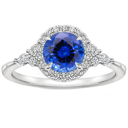 Engagement Ring Pear Diamond & Round Cut Halo Ceylon Sapphire 3 Carats