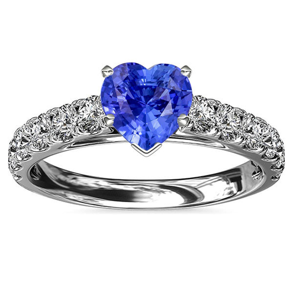 Woman's  Weeding Anniversary    Heart Solitaire Natural Blue Sapphire Diamond Accents Ring
