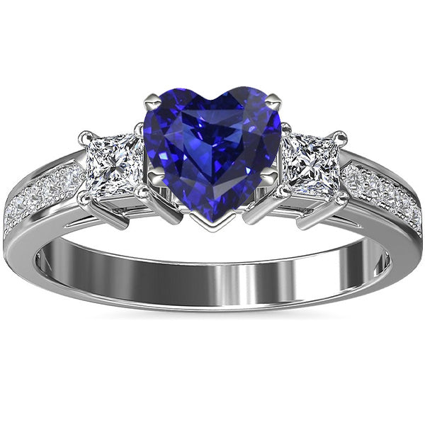 Unique Lady’s 3 Stone Style Heart Sapphire Ring Princess & Round Diamonds