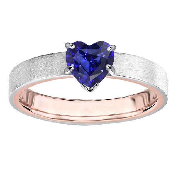 Two Tone  Unique Lady’s Solitaire Heart Deep Blue Sapphire Ring