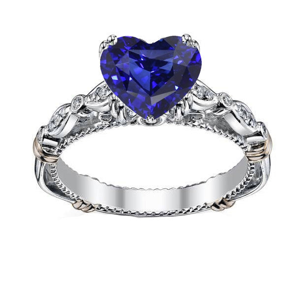 Blue Sapphire Heart Gemstone Ring Unique Lady’s  Antique Style Jewelry