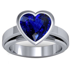 3 Carats Blue Sapphire Solitaire Ring Heart Shaped Bezel Set Gold 14K