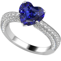 Vintage Style Natural Earth Mined Diamond Ring 4 Carats Blue Sapphire Heart Cut