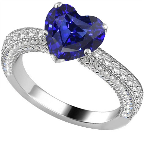 Vintage Style Natural Earth Mined Diamond Ring 4 Carats Blue Sapphire Heart Cut