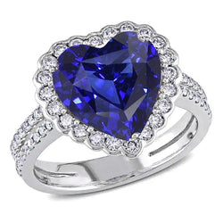 Natural Earth Mined Diamond Halo Heart Ceylon Sapphire Ring Double Shank 5 Carats