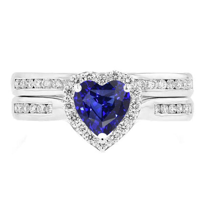 Natural Real ( Not Lab Grown )  Ladies Halo Wedding Ring Set Heart Cut Sri Lankan Sapphire 3.50 Carats
