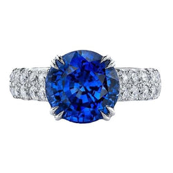Big Round Natural Earth Mined Diamond Ring Genuine Blue Sapphire 6 Carats Prong Set Gold