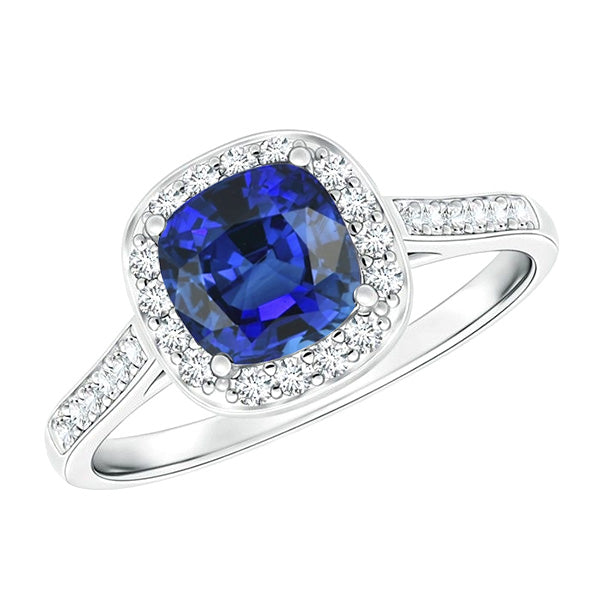 Cushion Sapphire Halo Natural Earth Mined Diamond Ring 3.50 Carats 14K White Gold Jewelry