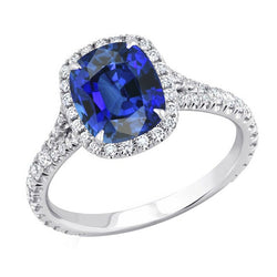 Women Halo Cushion Cut Sapphire Ring Pave Set Natural Earth Mined Diamonds 4 Carats