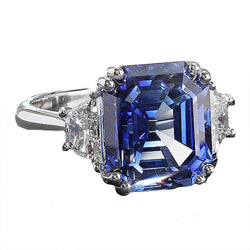 3 Stone Ring Trapezoid Diamonds With Asscher Blue Sapphire 5 Carats