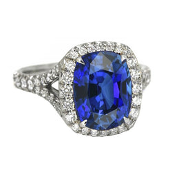 Blue Sapphire Halo Oval Natural Earth Mined Diamond Ring 5.50 Carats Pave Split Shank