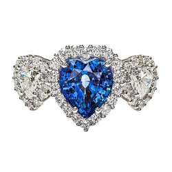 Gold Anniversary Ring 7 Carats Heart Cut Blue Sapphire & Halo Natural Earth Mined Diamonds