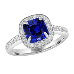 Natural Earth Mined Diamond Halo Cushion Ceylon Sapphire Ring Pave Set 3.50 Carats Gold