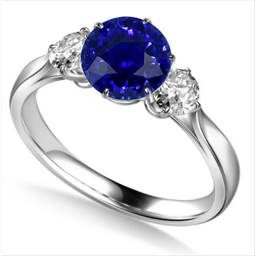 Round True classic fancy   Diamond Three Stone Natural Blue Sapphire Ring