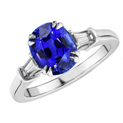 Three Stone Oval Blue Sapphire Ring With Baguette Natural Earth Mined Diamond 3.25 Carats