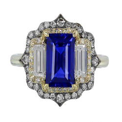 Yellow & White Gold Emerald Cut Blue Sapphire Diamond Ring 6.75 Carats