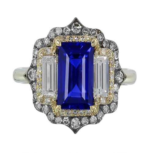 Lady’s  Style White Elegant Yellow & White Gold Emerald Cut Blue Sapphire Diamond Ring