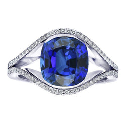 Natural Earth Mined Diamond Jewelry Oval Ceylon Sapphire Ring Split Shank 4.50 Carats
