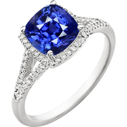 Natural Real ( Not Lab Grown )  Halo Ring Cushion Sri Lankan Sapphire 4 Carats Split Shank Jewelry