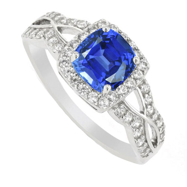 Halo Cushion Ceylon Sapphire Ring 4 Carats Infinity Style Natural Earth Mined Diamonds