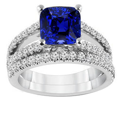 Natural Earth Mined Diamond Engagement Ring Set Cushion Sri Lankan Sapphire 3.50 Carats