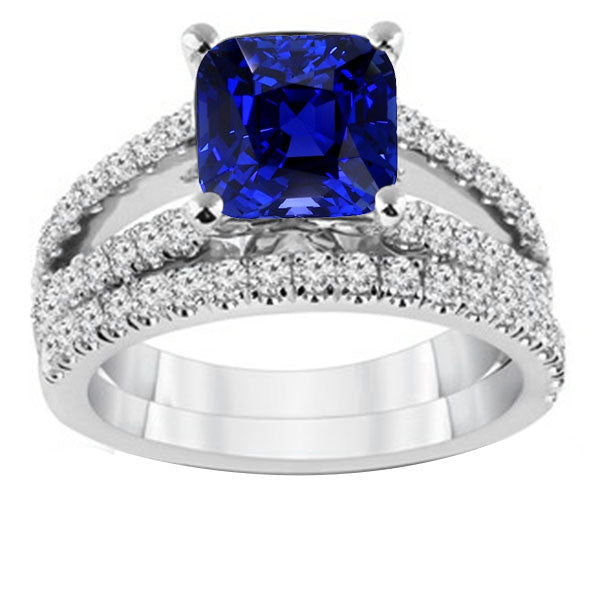 Natural Earth Mined Diamond Engagement Ring Set Cushion Sri Lankan Sapphire 3.50 Carats