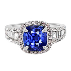 Blue Sapphire Halo Ring With Baguette & Round Diamonds 4.5 Carats