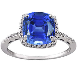 Ladies Halo Ring Cushion Ceylon Sapphire & Natural Earth Mined Diamonds 5 Carats Gold 14K