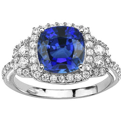 Cushion Halo Blue Sapphire Ring White Gold 14K Diamonds 5 Carats