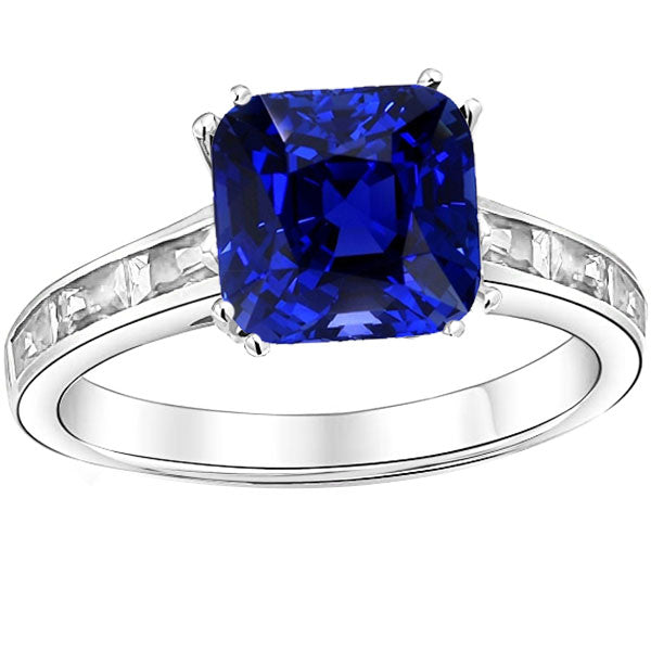 Baguette Natural Earth Mined Diamond Cushion Blue Sapphire Ring 4 Carats Gold 14K Jewelry