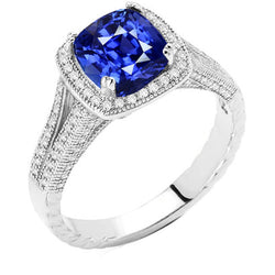 Halo Cushion Sapphire Ring 3.50 Carats Milgrain Split Shank Diamonds