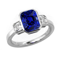 3 Stone Cushion Bezel Set Blue Sapphire & Natural Earth Mined Diamond Ring 3.50 Carats