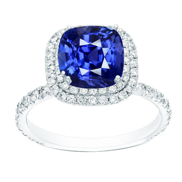 Gorgeous fancy anniversary   Blue Sapphire Double Halo Ring Gold  Diamond Jewelry
