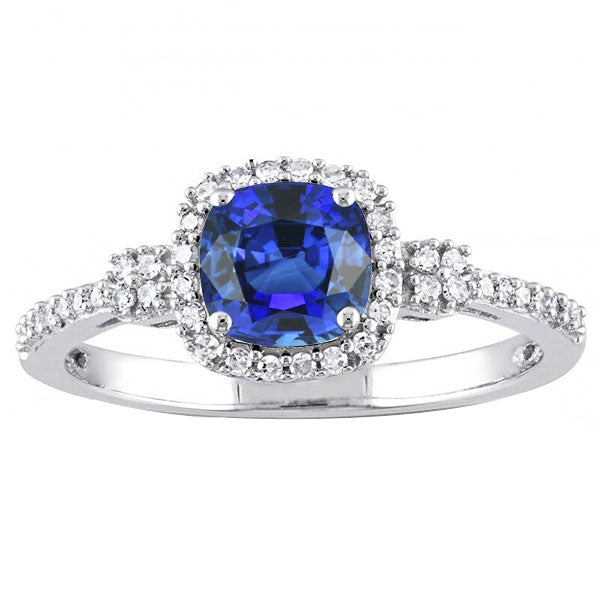 Womans Wedding Halo Ring Cushion Ceylon Sapphire Prong Set Diamond