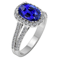 Oval Shaped Halo Blue Sapphire Ring Split Shank Natural Earth Mined Diamond 5 Carats