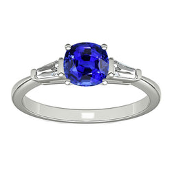 White Gold 3 Stone Cushion Sapphire Ring & Baguette Natural Earth Mined Diamonds 1.75 Carats