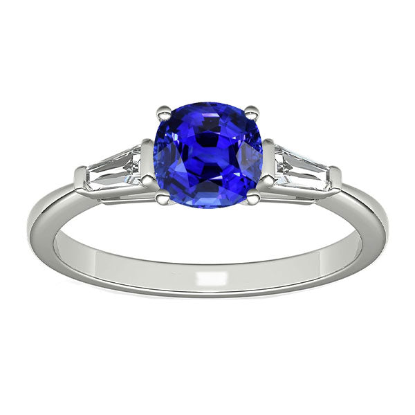 White Gold 3 Stone Cushion Sapphire  Best amazing weeding  Ring & Baguette Diamonds