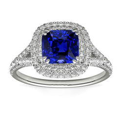 Double Halo Cushion Sapphire Ring Pave Split Shank Natural Earth Mined Diamonds 4 Carats
