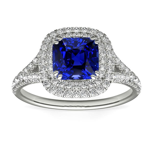  Best amazing weeding  Double Halo Cushion Sapphire Ring Pave Split Shank Diamond