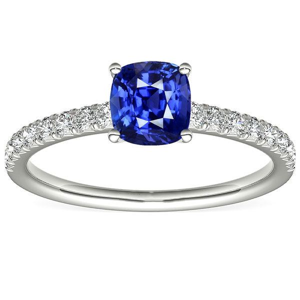 Gorgeous fancy anniversary  Gold Solitaire Cushion Cut Sapphire Ring & Pave Set Diamond