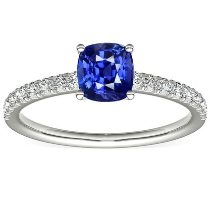 Gorgeous fancy anniversary  Gold Solitaire Cushion Cut Sapphire Ring & Pave Set Diamond