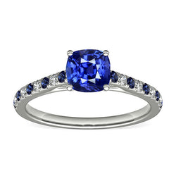 Cushion Gemstone Ring Round Blue Sapphire & Natural Earth Mined Diamonds 2.50 Carats