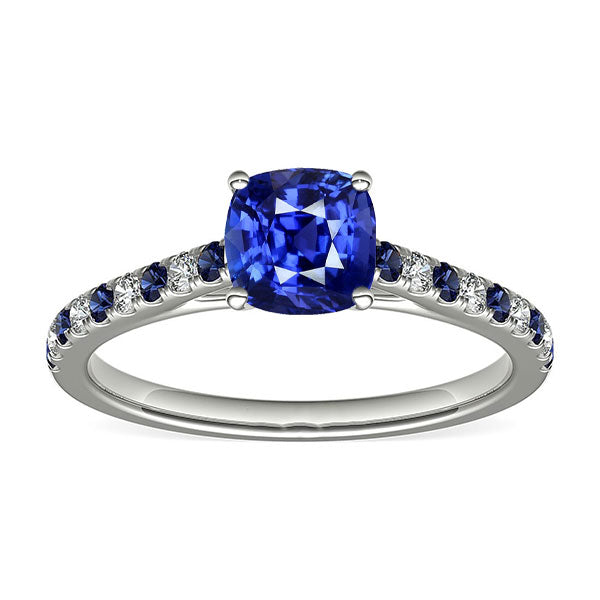 Best Brilliant Cushion Gemstone Ring Round Blue Sapphire & Diamonds  