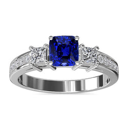 Ceylon Sapphire Gemstone Ring Princess & Round Natural Earth Mined Diamonds 2.50 Carats